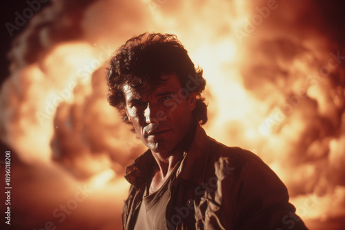 80s Detective Hero with Explosion Backdrop Unyielding Gaze