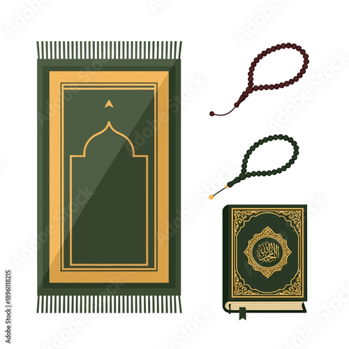 Islamic Prayer Mat, Quran, and Prayer Beads - A Spiritual Set for Worship and Devotion