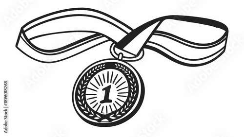 Illustration of a first place medal with ribbon and laurel wreath design in black and white style on transparent background silhouette