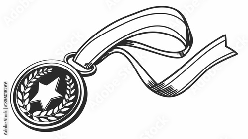 Illustration of a medal with a star and laurel wreath hanging from a flowing ribbon design element on transparent background silhouette