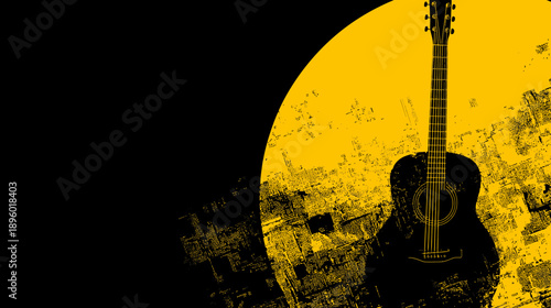 Silhouette of an acoustic guitar against a textured yellow circle on a black background