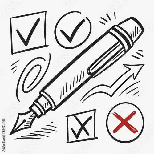 Hand-drawn illustration of a fountain pen with decision icons and a progress arrow.