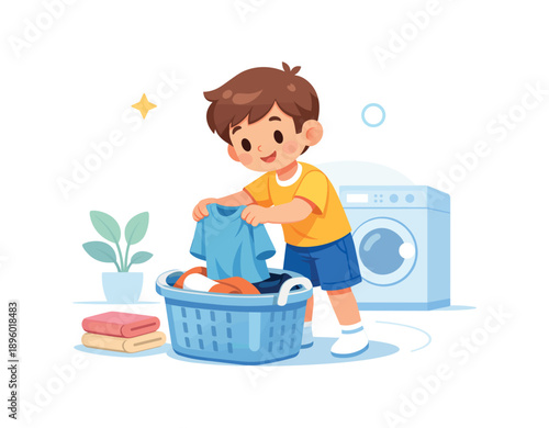 Boy doing laundry with basket and washing machine, flat vector illustration