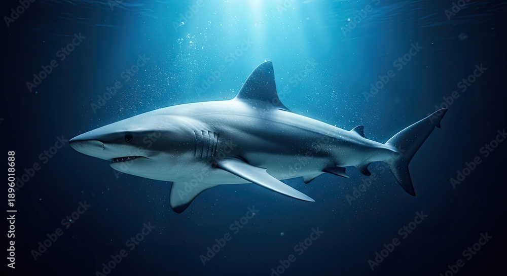 Obraz premium A majestic gray shark swims through the dark ocean waters with sunlight filtering down
