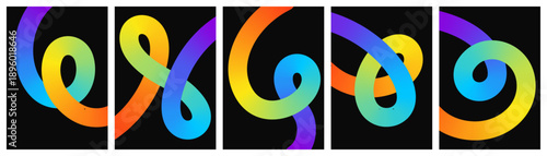 Five abstract vertical banners with colorful 3D liquid ribbons on black background