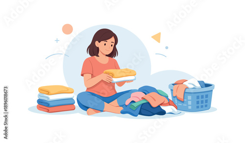 Woman folding laundry surrounded by clothes and basket, flat vector illustration