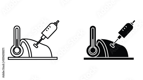 Syringe injecting liquid into a container with thermometer