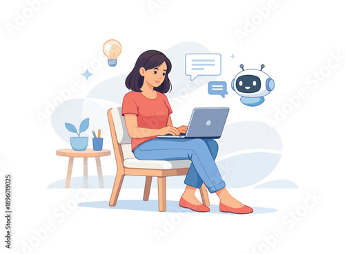 Woman with laptop communicating with chatbot, flat vector illustration