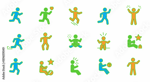 Collection of colorful stick figure icons representing various human activities and emotions.