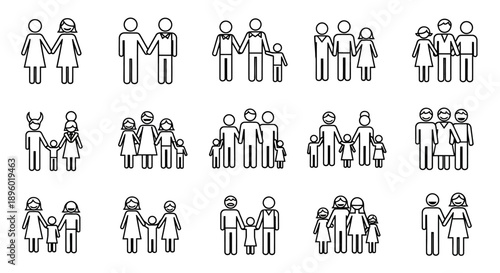 Collection of diverse family unit icons in simple line art style.