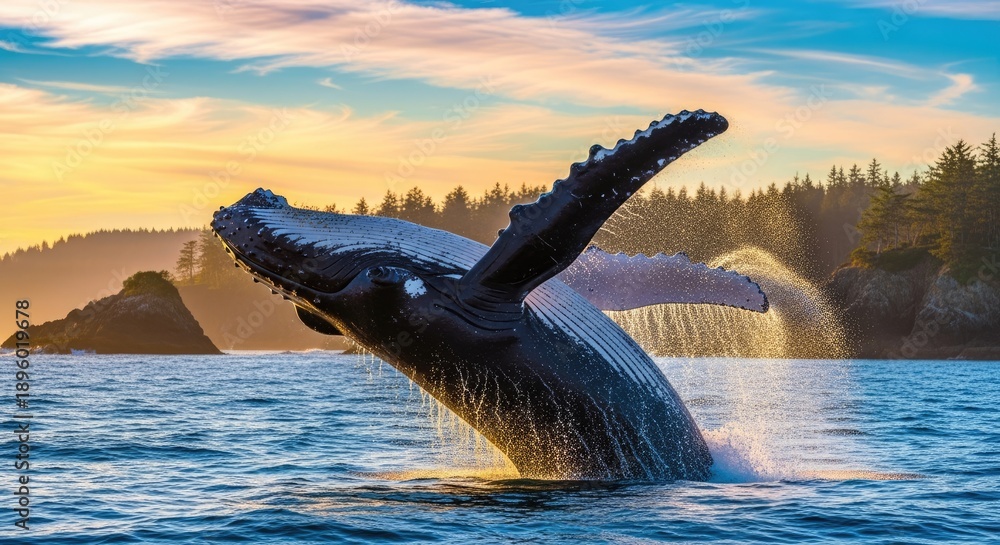 Fototapeta premium Humpback whale breaching in serene waters at sunset