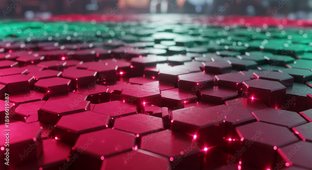 Obraz premium Close-up of a textured hexagonal tile arrangement in shades of red and green with reflective elements, representing modern technology and digital space