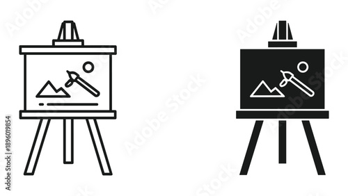Simple illustration of easel with painting and painter brush