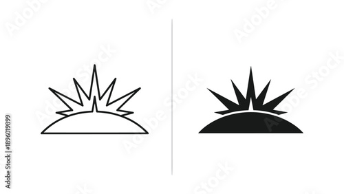 Stylized sunburst logos in black and white
