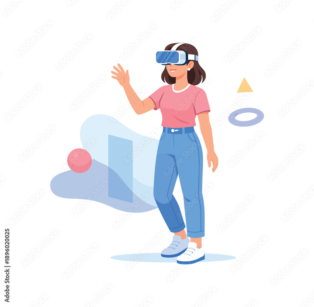 Fototapeta premium Girl interacting with virtual reality headset, flat vector illustration