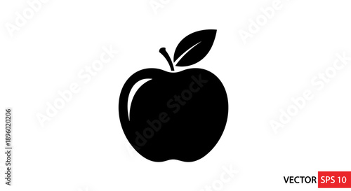 Simple Black Apple Icon with Stem and Leaf.