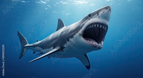 A large gray shark with its mouth open swimming underwater in the ocean with sunlight shining through