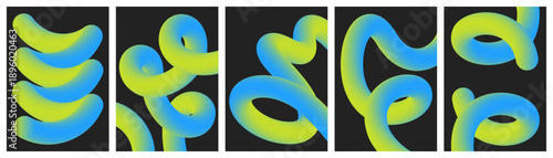 Set of abstract 3D twisted tubes with yellow blue gradient