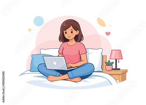 Girl with laptop sitting on the bed in cozy room, flat vector illustration