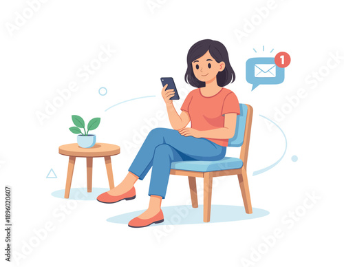 Woman on chair receiving message on smartphone, flat vector illustration
