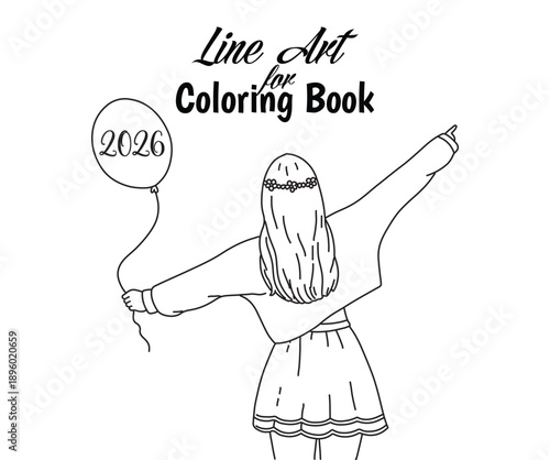 Line Art Coloring Book Illustration of Girl Welcoming 2026 with Balloon