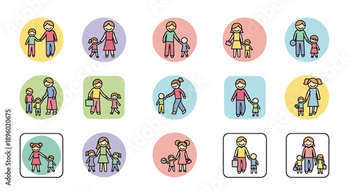 Collection of cartoon family icons representing parents and children.