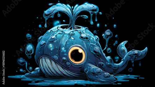 A cartoonish whale sprays water. The creature has a big yellow eye and it is on a black background
