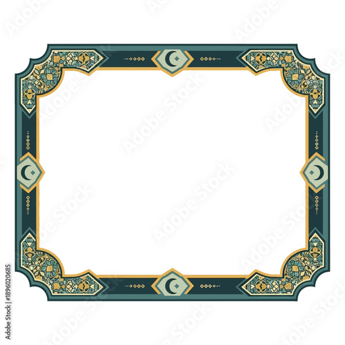 Elegant Islamic Geometric Border Design with Crescent Moons and Floral Motifs on a White Background