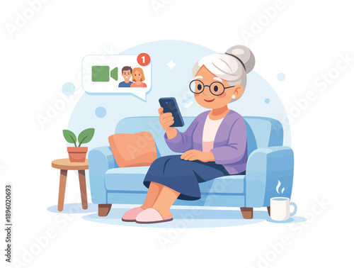 Elderly woman video calling on smartphone, flat vector illustration