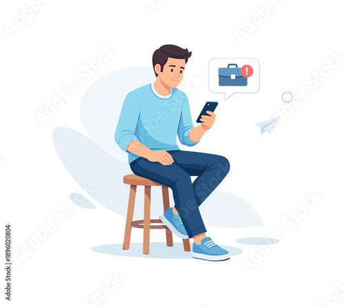 Man on stool checking phone for business notification, flat vector illustration