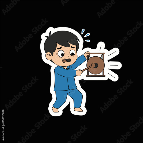 Anxious boy in pajamas frantically hitting a gong with a mallet, startled by a loud noise, fear and alarm depicted