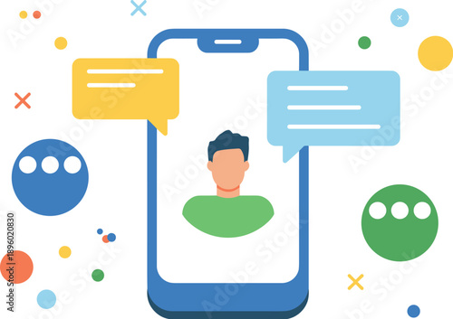 Smartphone communication vector, messaging app interface, speech bubble icons, digital chat graphics, mobile user avatar, isolated on white background, colorful design