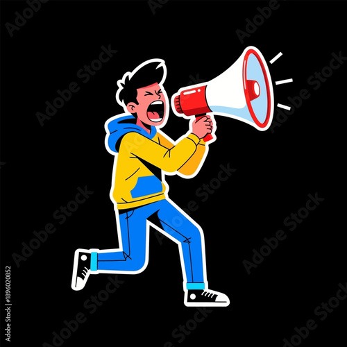 Vibrant cartoon drawing of a person running and passionately yelling into a megaphone, representing communication, urgent news, or making an important statement