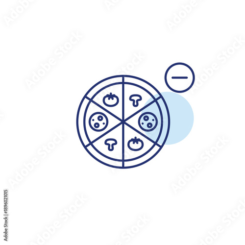 Mushroom, salami and tomato pizza and minus. Meal cancelled, remove positions from order. Pixel perfect, editable stroke vector icon