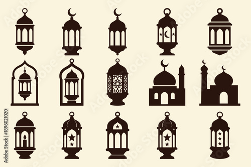 Ramadan lantern and mosque icon set Islamic decorative lamp collection bundle vector
