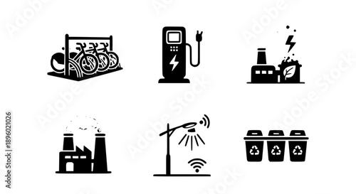 Smart City Infrastructure Icon Set Featuring EV Charging Bike Sharing Sustainable Factories And Intelligent Waste Management