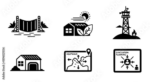 Climate Resilience Icon Set Featuring Flood Barriers Heatwave Mapping Fire Prevention Watchtowers And Emergency Evacuation Planning