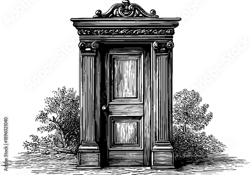 Rustic 19th century wooden door with botanical details - vintage hand-drawn sketch for design