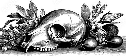 19th century mammal skull and botanical study engraving
