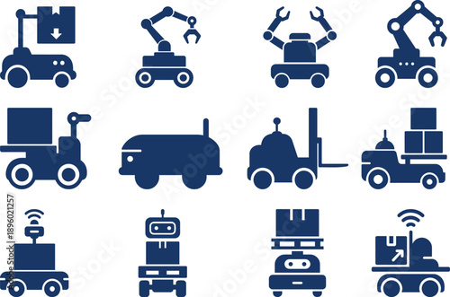 Autonomous warehouse robots and industrial logistics vehicle silhouette icon set bundle
