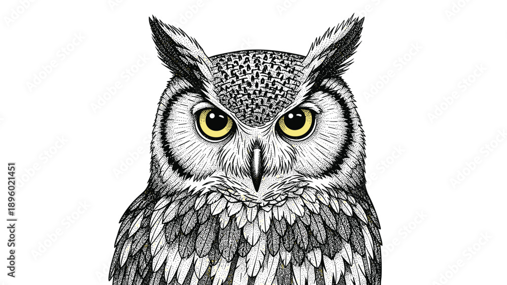 Obraz premium Striking black and white engraving of a great horned owl head features realistic feather textures and intense yellow eyes.