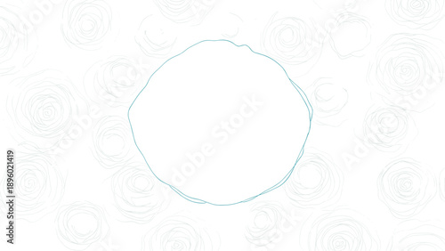 Soft circular frame design is accented with extremely faint light blue rose outlines in the background for a subtle romantic feel.