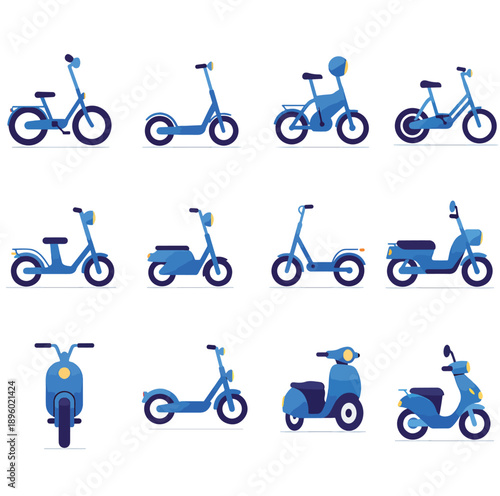 Collection of Various Blue Bicycles and Scooters Vector Illustrations