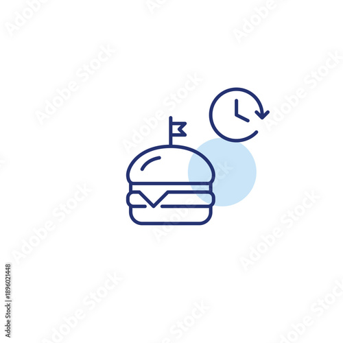 Hamburger and clock. Food delivery, timed menu orders. Pixel perfect, editable stroke vector icon