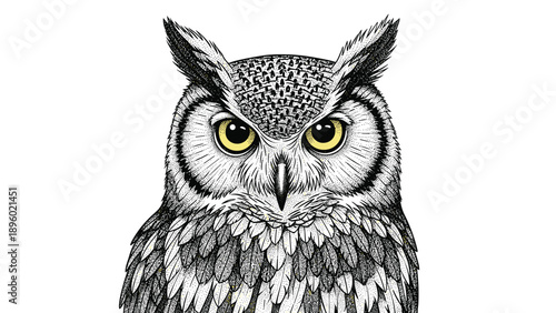 Striking black and white engraving of a great horned owl head features realistic feather textures and intense yellow eyes.