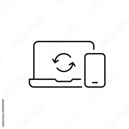 Device sync update, cross-platform refresh, data renewal. Laptop, phone and renew arrows. Pixel perfect, editable stroke vector icon