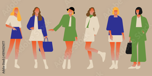Modern fashion illustration with bold colors and trendy outfits.
