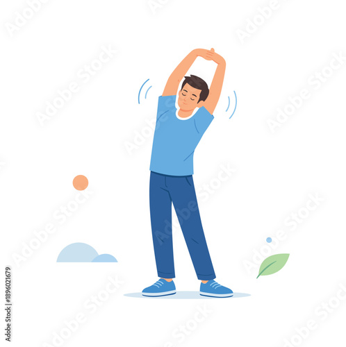 Man stretching with arms raised, flat vector illustration