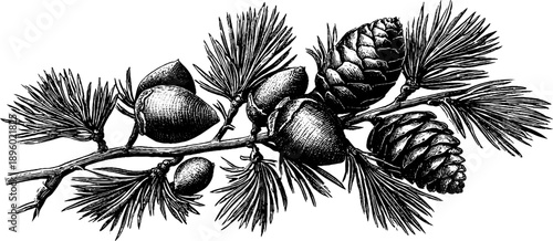 Vintage botanical illustration of spruce branch with needles and cones for nature-inspired decorative design