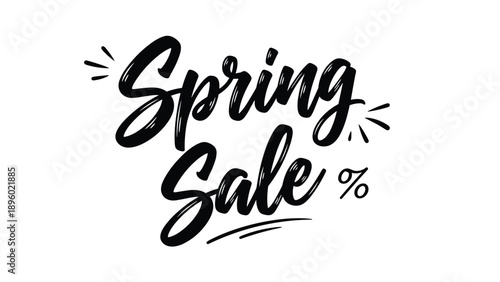 Hand drawn brush script lettering saying Spring Sale with a percentage sign and decorative marks on a clean white background for promotions.
